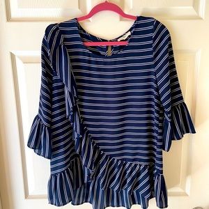 ENTRO blue and white striped flutter peplum top